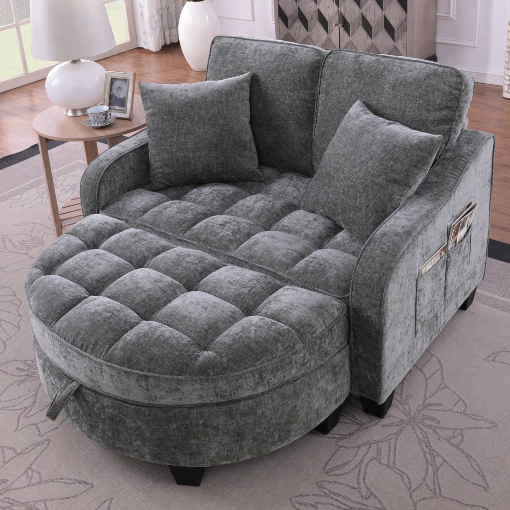 Divano letto 2 in 1 - con pouf contenitore e trasformazione rapida - in tessuto grigio scuro