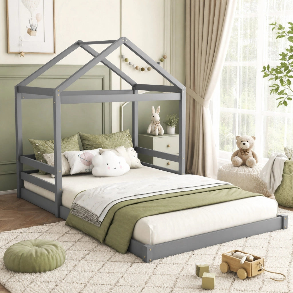 Letto a casetta per bambini 140x200 cm in pino e MDF con rete a doghe, grigio