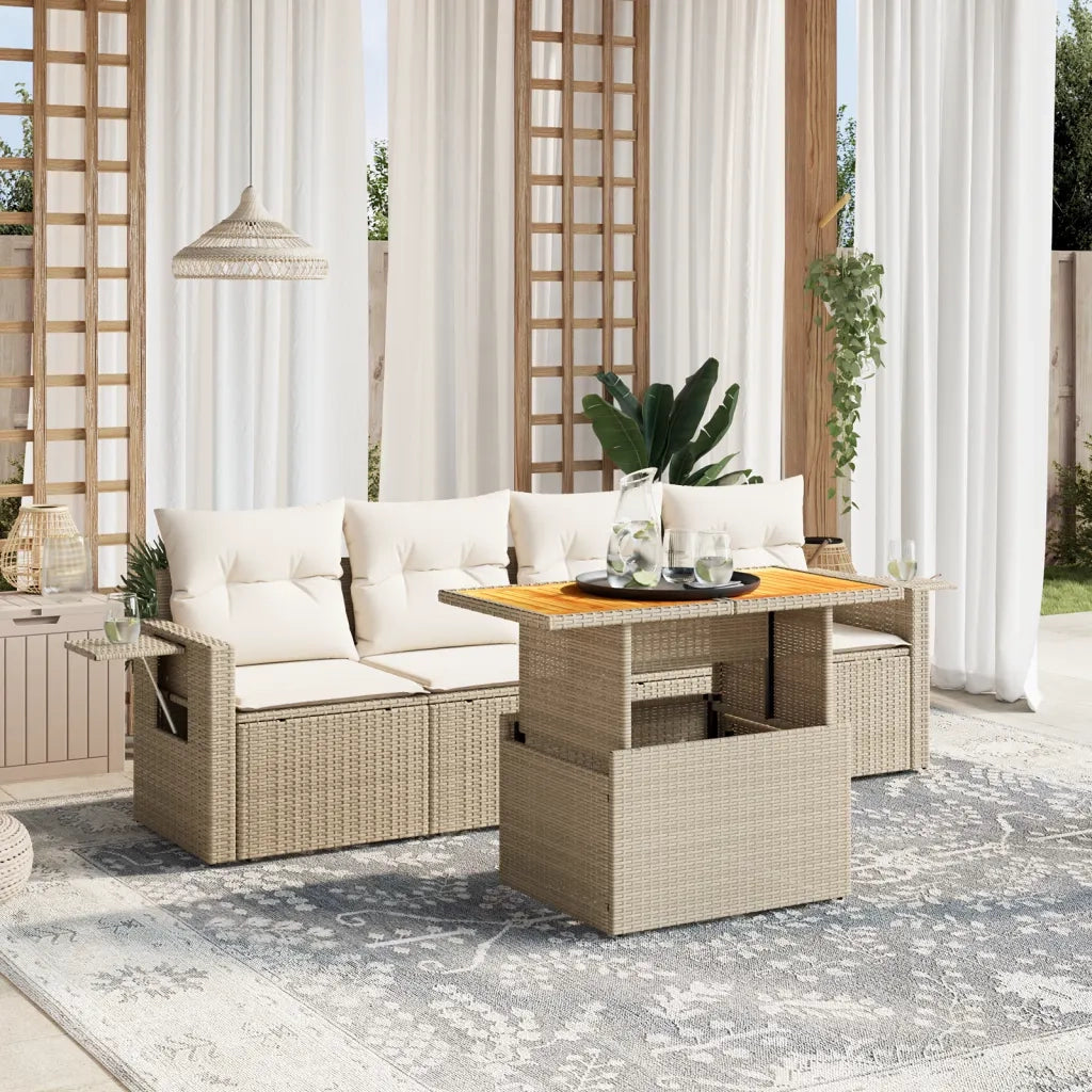Set Divano da Giardino 5 pz con Cuscini Beige in Polyrattan