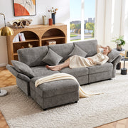 Divano Angolare 3 Posti con Poggiapiedi ¨C Xylo ¨C Grigio, Tessuto Chenille, Cuscini, Braccioli Regolabili