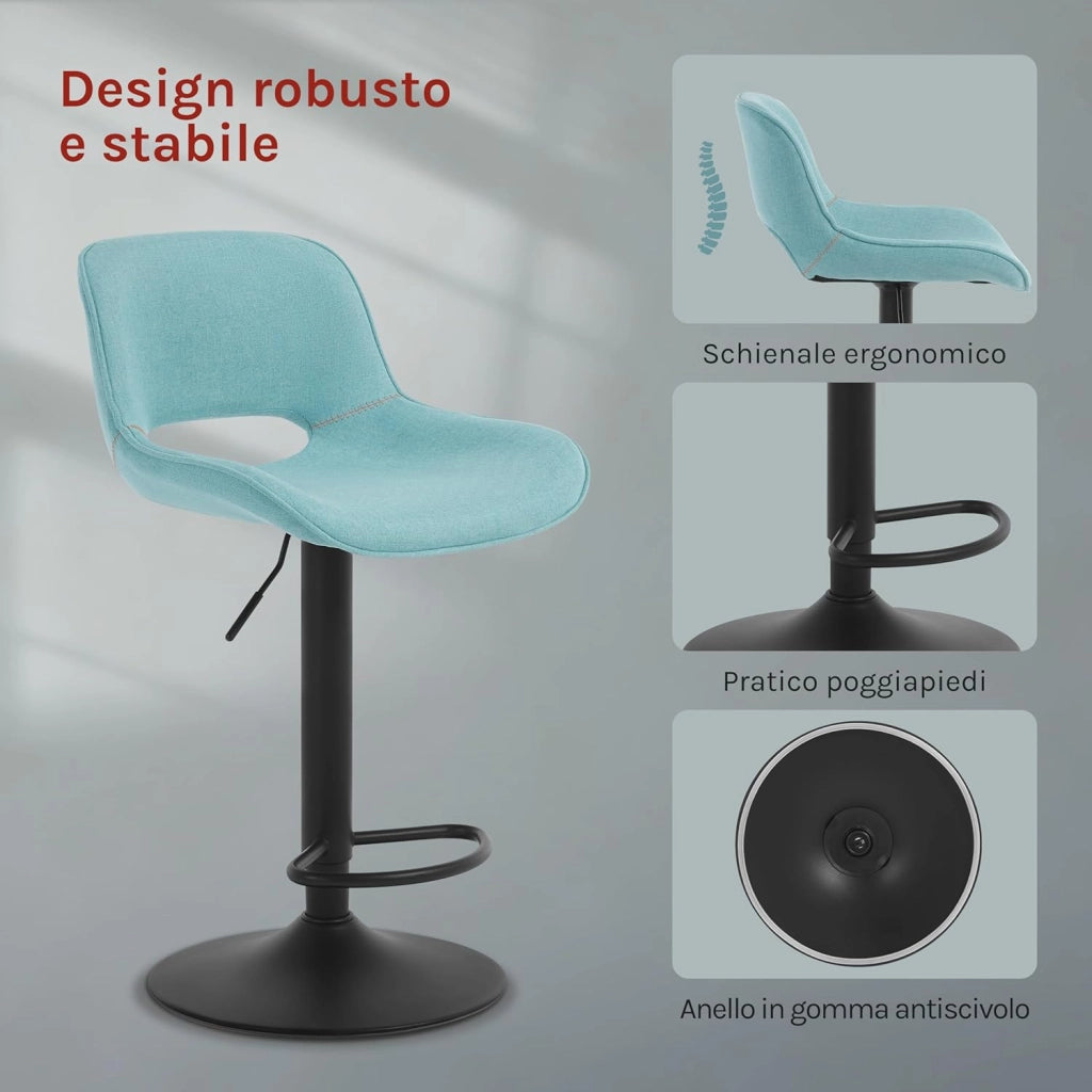 Set di 4 Sgabelli da Cucina, Sedia da Bar in Lino, Sgabello Regolabile in Altezza, con Schienale, Seduta Imbottita Girevole a 360°, per Bistrot, Pub, Base in Metallo, Blu, BH438bl-4