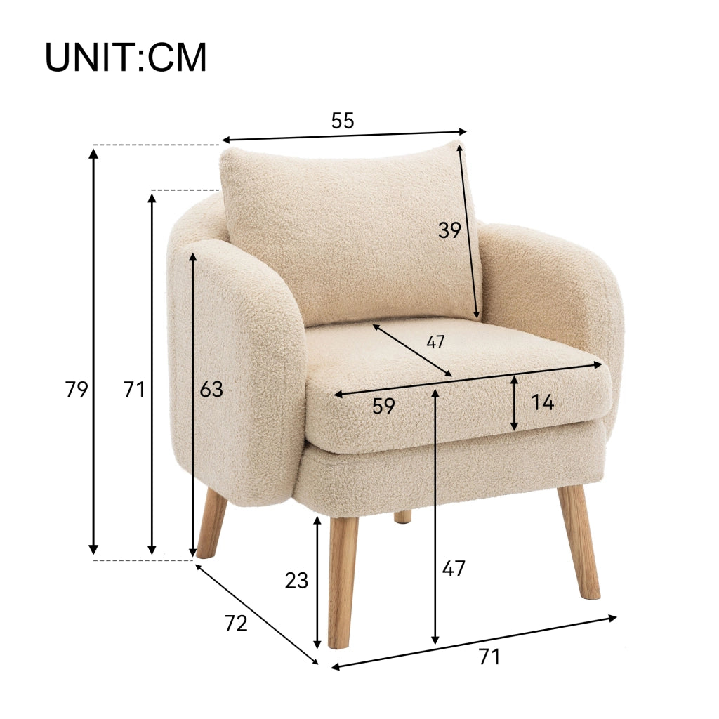 Poltrona in tessuto teddy con cuscino schienale sfoderabile, seduta spessa e base in legno massello per relax beige