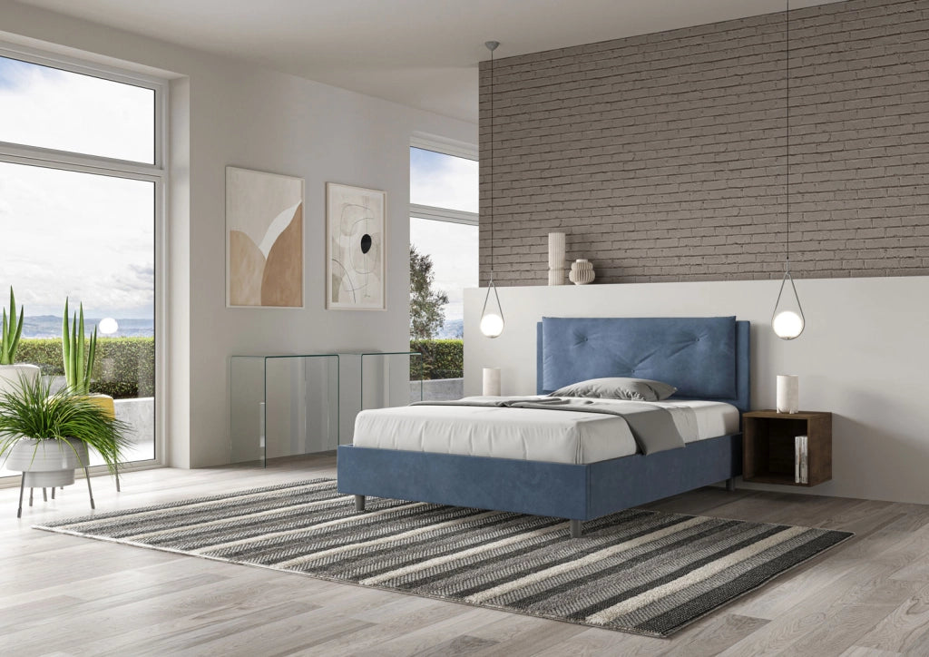BS COM Letto matrimoniale francese con rete imbottito 140x210 microfibra blu Large