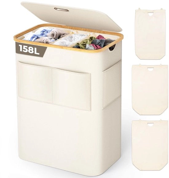 Wastino 3 compartimenti 158L con coperchio pieghevole realizzato in 600D Oxford tessuto con sacchetto lavabo rimovibile, borsa tessile anteriore in bambù cassa lavabo lavatrice lavatrici beige