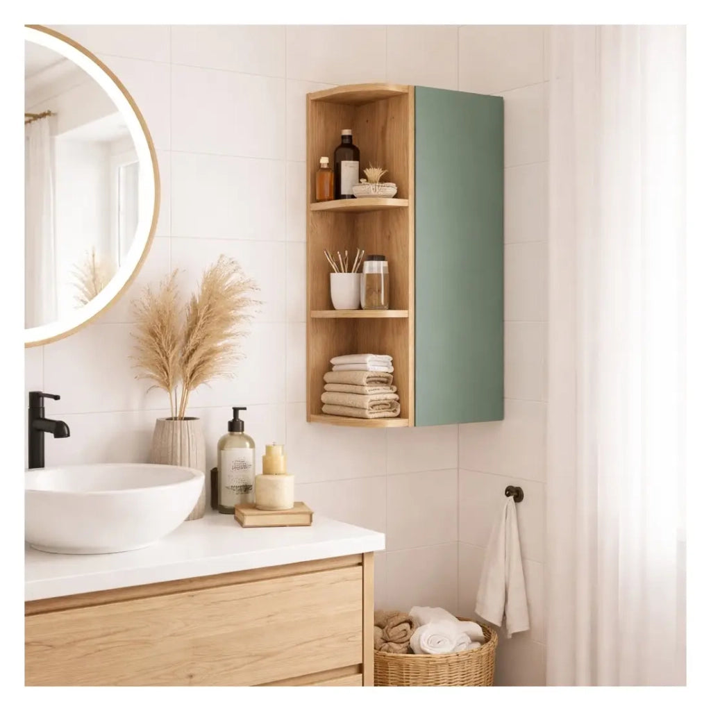 Mobiletto OSTER 45cm – mobile sospeso verde salvia con 1 porta e 3 nicchie visibili arrotondate in finitura rovere chiaro