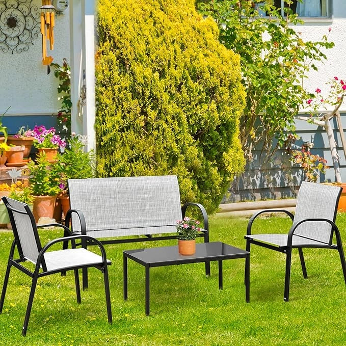 Set da Giardino con 4 Pezzi, Set da Giardino per Chiacchierare, Sedie da Giardino con Tavolino in Vetro, con Struttura Resistente in Ferro, Tessuto a Rete Traspirante (Grigio)