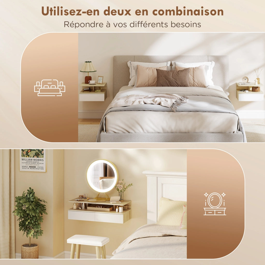 Comodino sospeso bianco e rovere ¨C Xylo ¨C Set 2 pezzi con cassetto 35x32x22,5cm