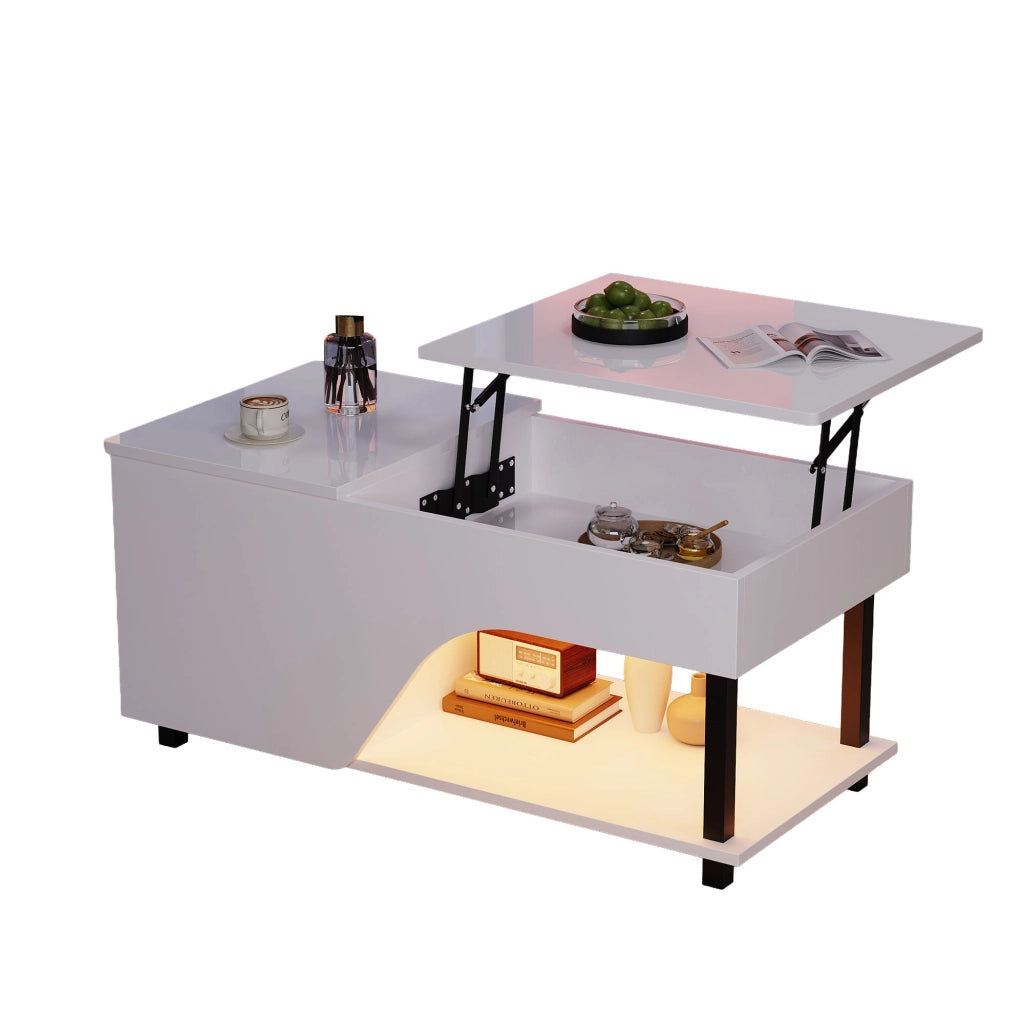 TAVOLO DA SALOTTO H 46-60 cm 50x100 cm Bianco con LED e contenitore