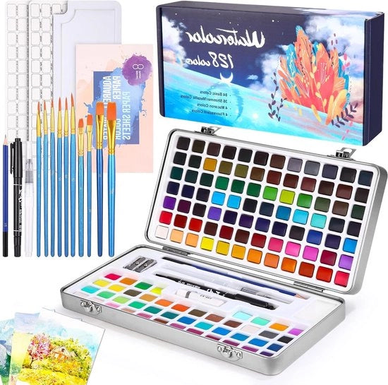 Kit di acquarelli a 128 colori con astuccio portatile e foglio di acquarello per viaggi e arte
