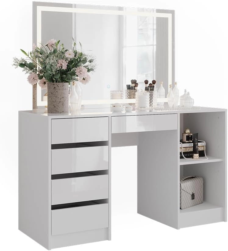 Tavolo da toeletta Sherry, Bianco/bianco lucido, 128.2 cm con specchio LED