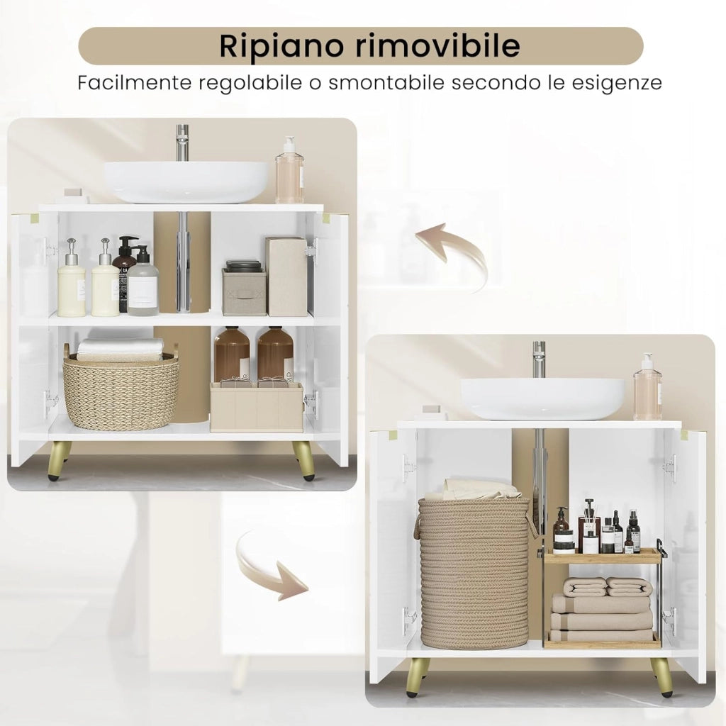 Mobile Sottolavabo per Bagno, Armadietto Sotto Lavandino da Terra a 2 Ante, Mobiletto Copricolonna in Legno, con Ripiano Regolabile e Foro per Sifone, Bianco Lucido, 60x30x60cm