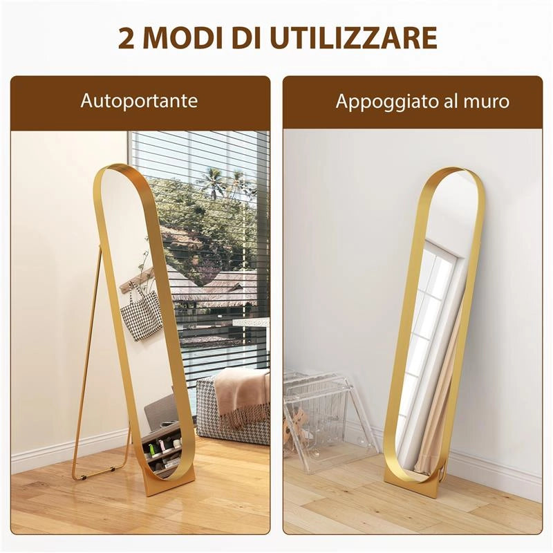 SPECCHIO DA TERRA MODERNO CON TELAIO IN METALLO AUTOPORTANTE O DA PARETE, 40X150 CM, ORO