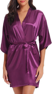 Badjas da Donna con Kimono Corte, Satinata con Cinturino, V- Collo, Badjas Sexy in Tela di Seta, XL, Peso Leggero, Nero Scuro