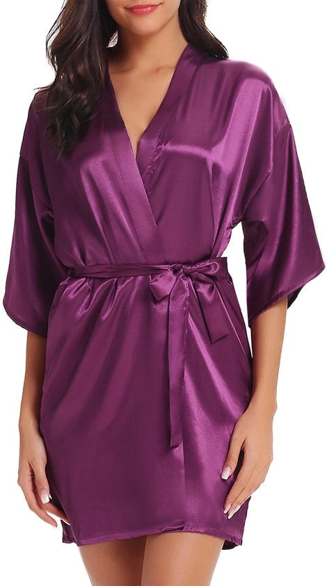 Badjas da Donna con Kimono Corte, Satinata con Cinturino, V- Collo, Badjas Sexy in Tela di Seta, XL, Peso Leggero, Nero Scuro