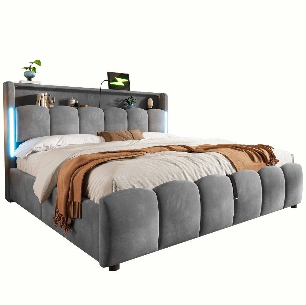 Letto imbottito 180x200 cm in velluto grigio con LED; vano contenitore e porte USB/Type-C