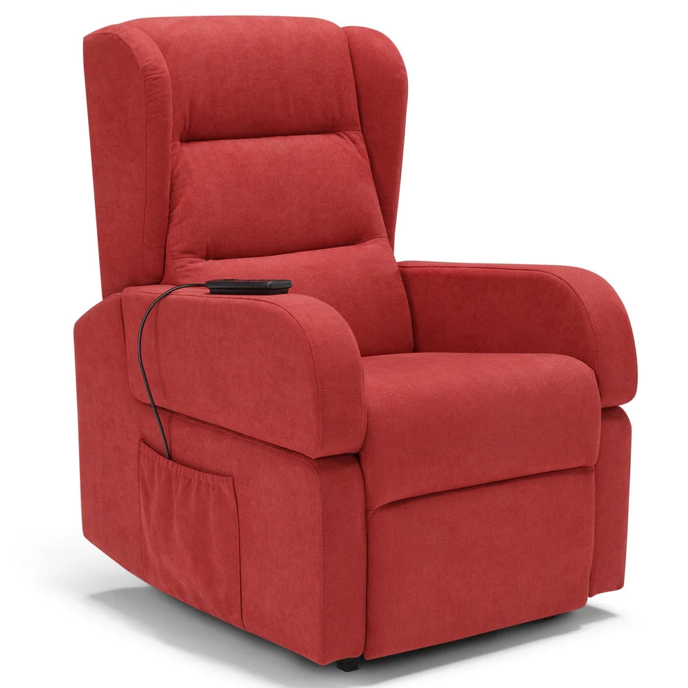Poltrona relax elettrica Bilbao per anziani, 2 motori, 2 ruote, reclinazione e alzapersona, Tavolino di Servizio, braccioli estrabili, doppia pediera, colore Rosso