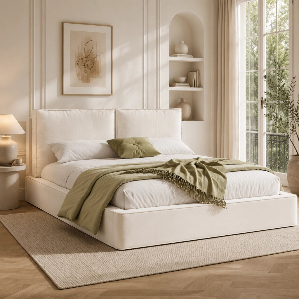 Letto matrimoniale imbottito 160x200 cm con rete a doghe e testiera imbottita; tessuto chenille beige