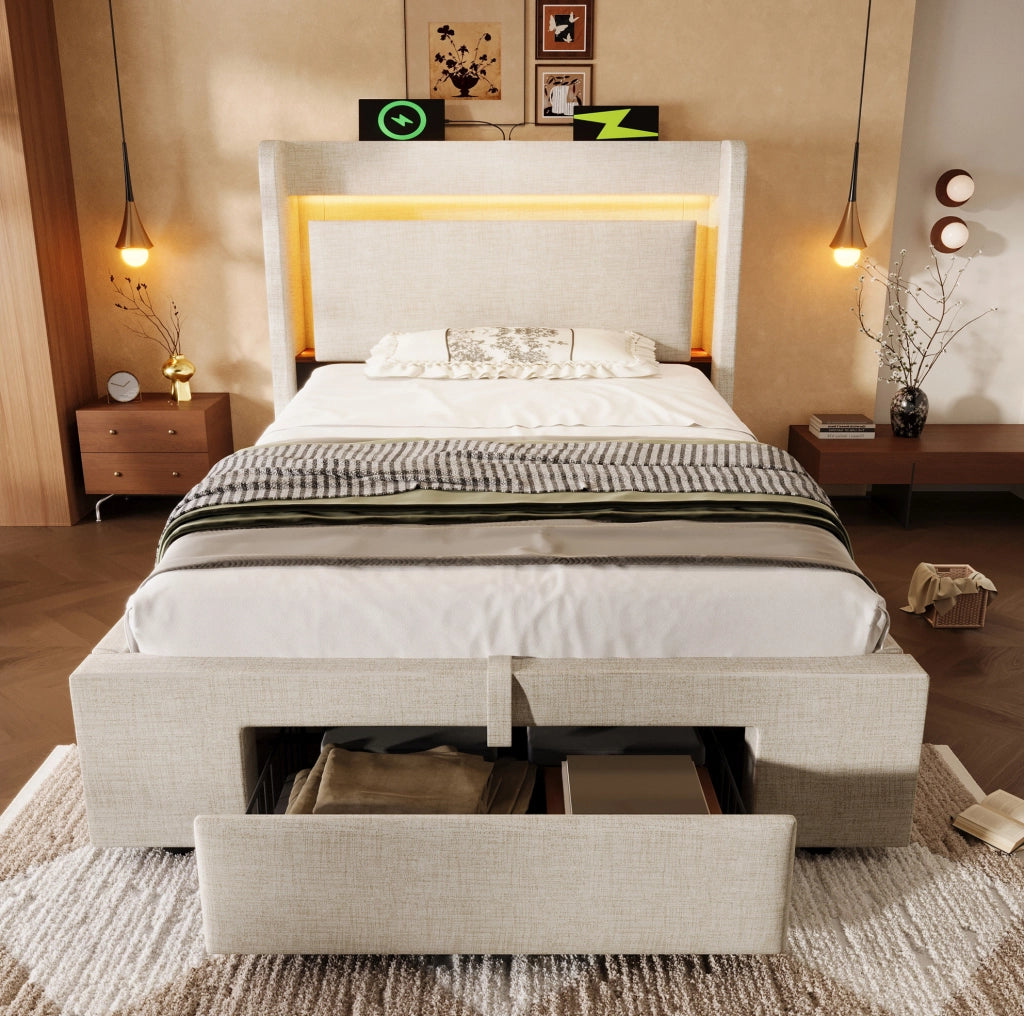 Letto contenitore 90x200 cm con LED; USB e USB C; beige; lino