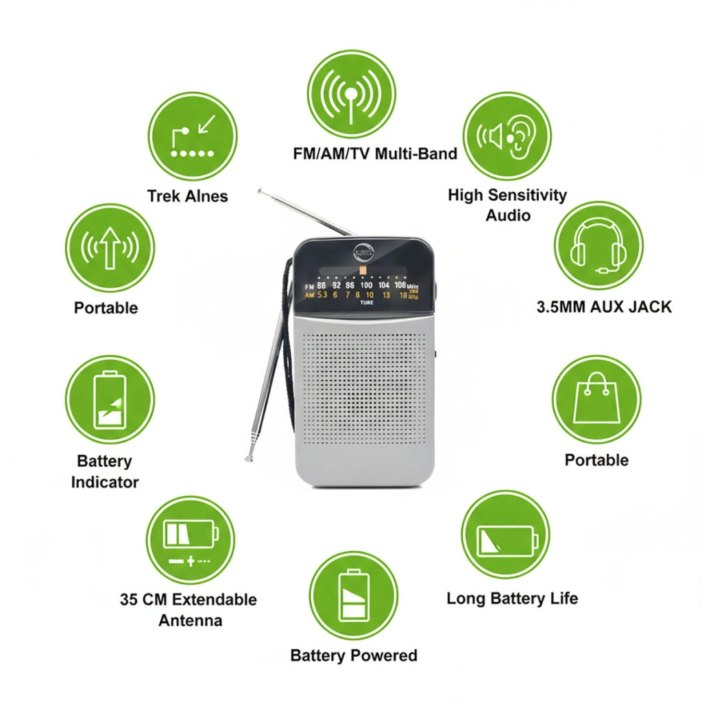 RADIO PORTATILE FM AM DUE BANDE CON ANTENNA TELESCOPICA 35 CM AUX JACK AS-07102