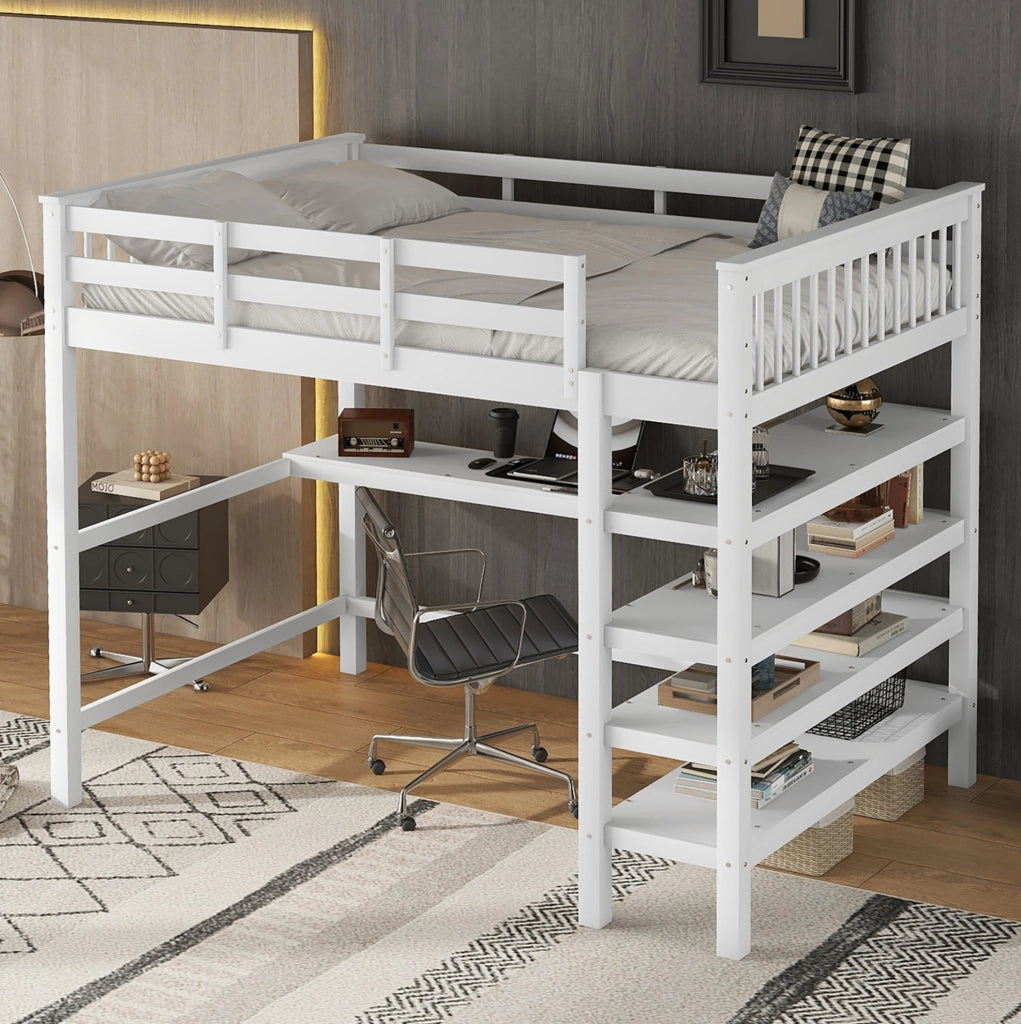 Letto a soppalco 140x200 cm con scrivania e ripiani, bianco