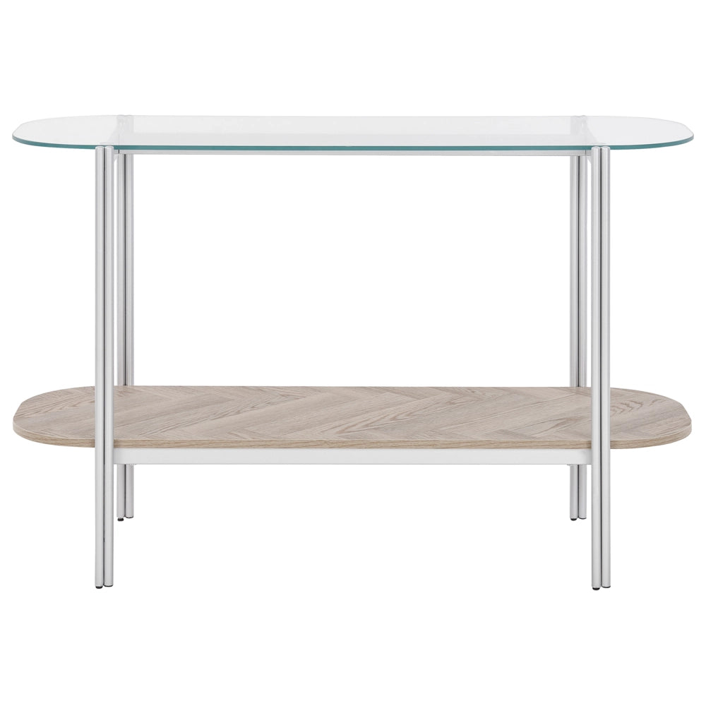 Tavolo console con piano in vetro temperato e struttura in metallo 1 ripiano in legno chiaro e argento stile moderno