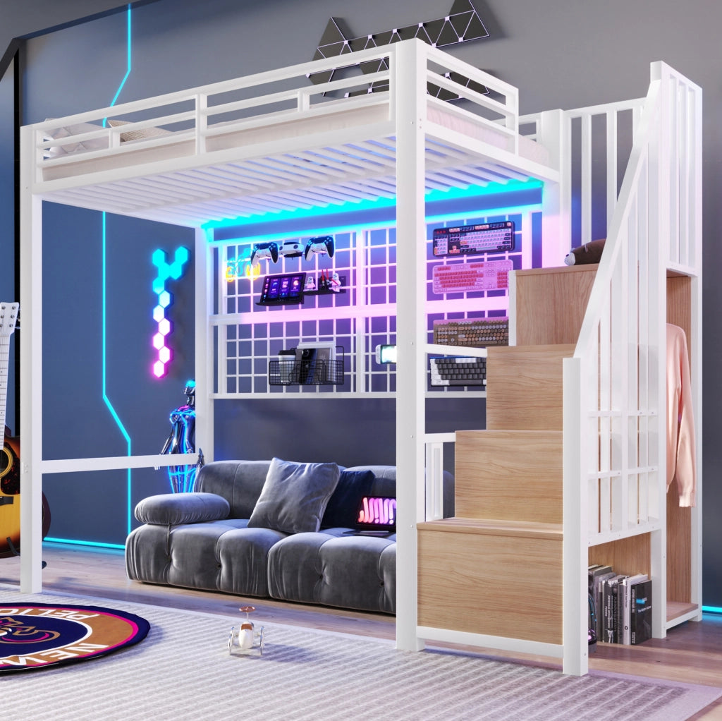 Letto a soppalco 90x200 cm con armadio e LED, bianco