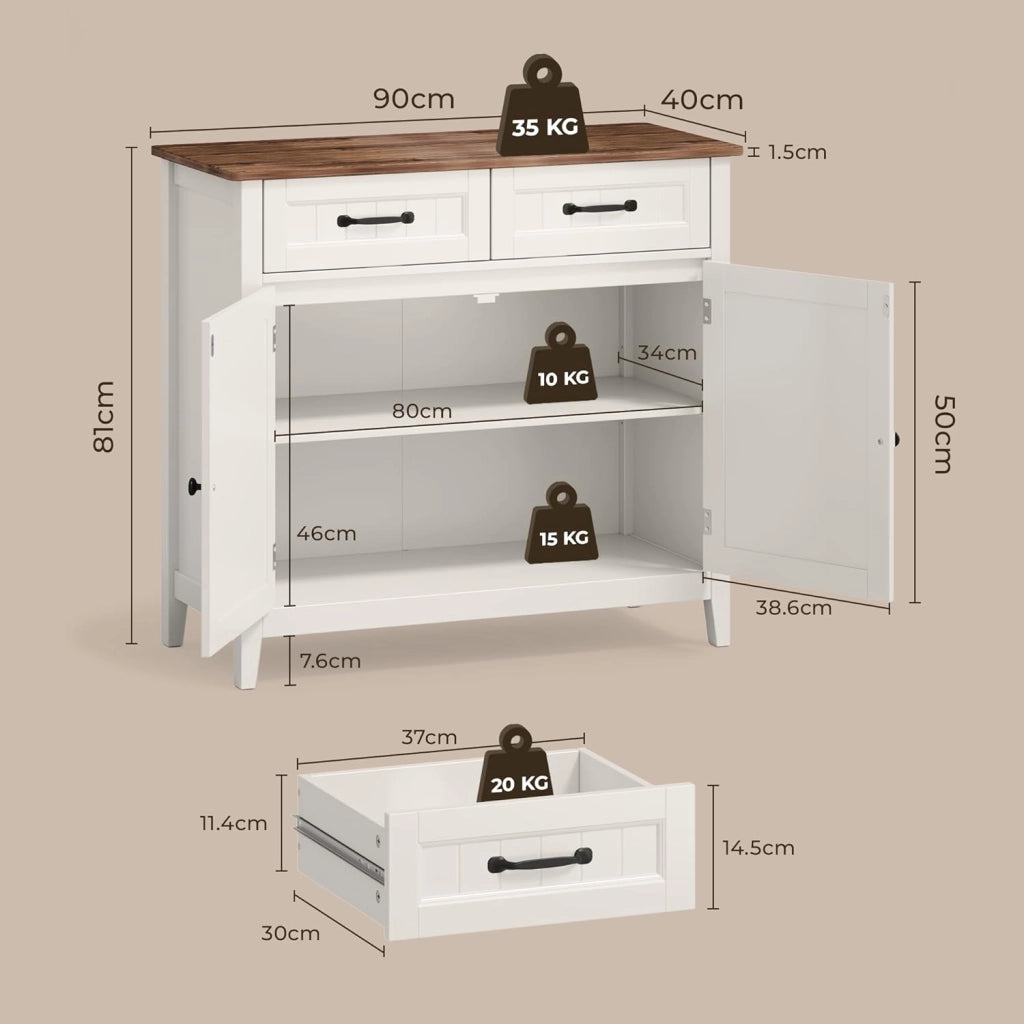 Mobiletto da Cucina, Credenza Ausiliaria con 2 Cassetti e 2 Ante per Cucina, Sala da Pranzo, Soggiorno, 90×40×82 cm,Retro