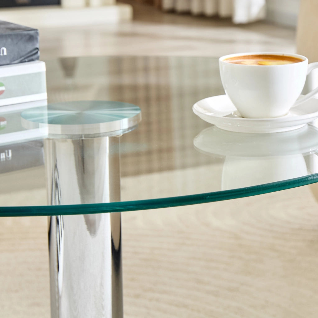 Tavolino da caffè rotondo in vetro e metallo; ? 70 cm; altezza 45 cm; argento