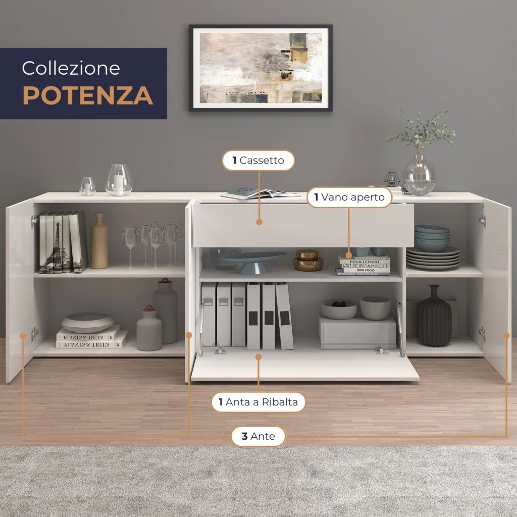 WHOUS Credenza Potenza con 3 ante 1 ribalta e 1 cassetto bianco lucido 220x40x81 cm