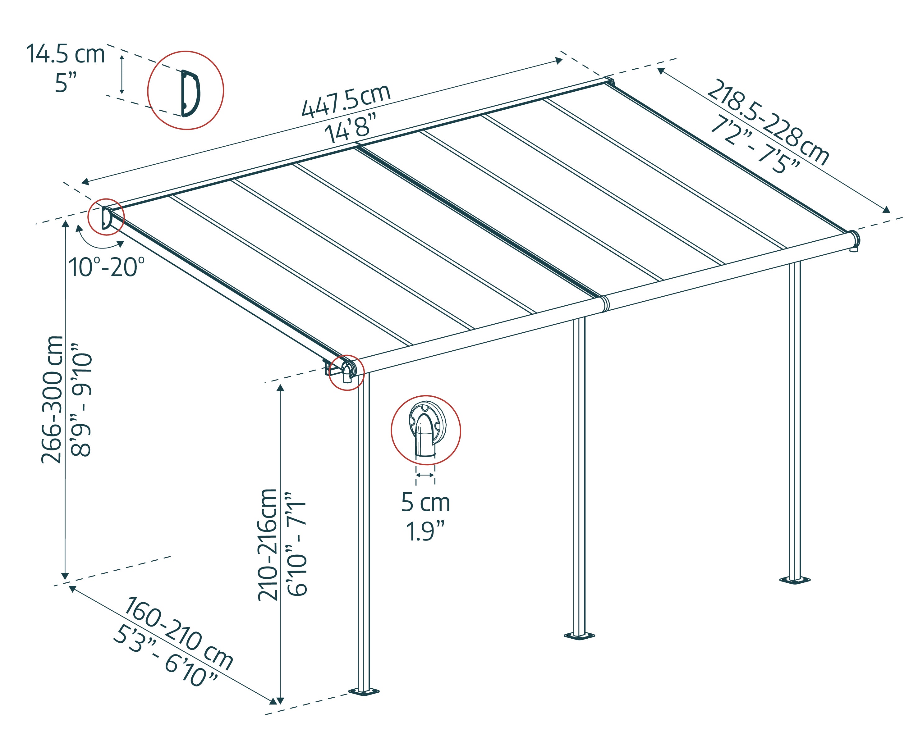 Pergola Sierra Addossata in Alluminio  2.3X4.5 m Grigio