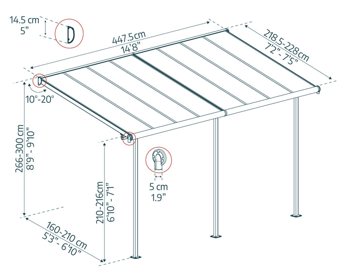 Pergola Sierra Addossata in Alluminio  2.3X4.5 m Grigio