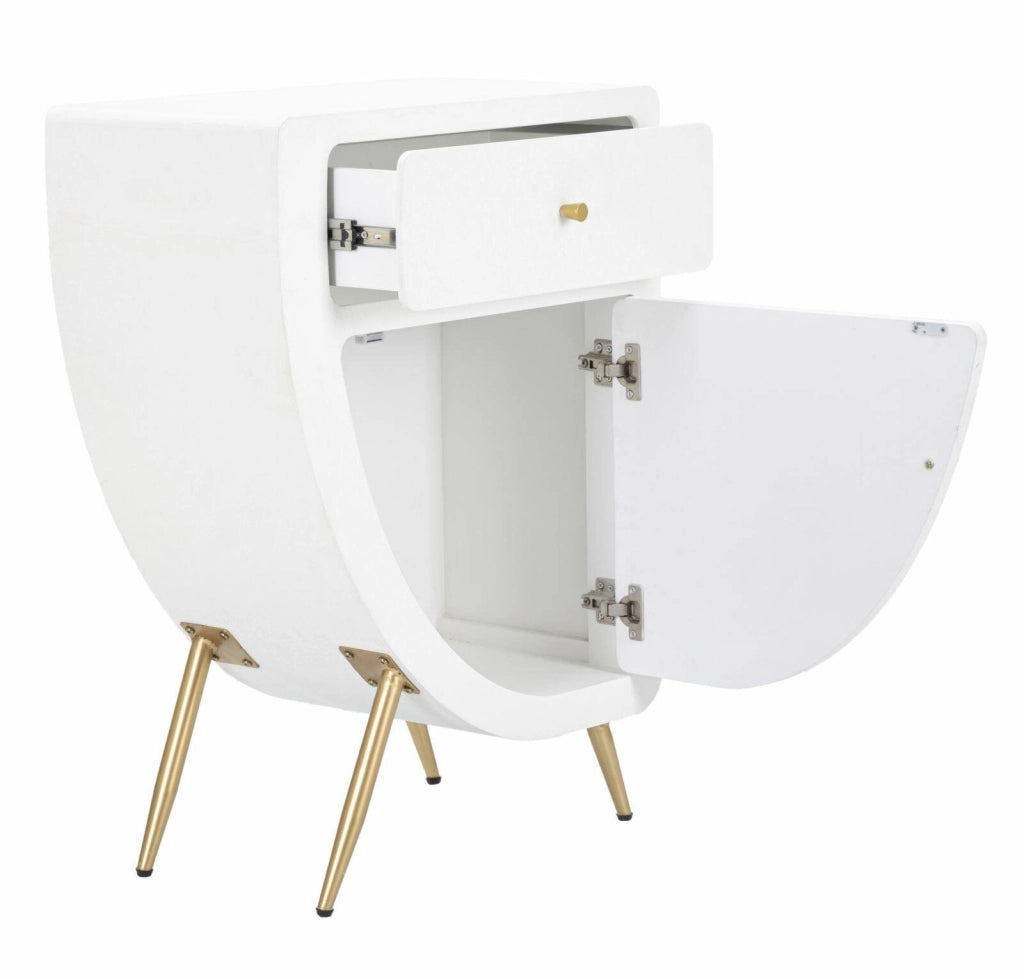 Comodino Suze, Comò basso, Tavolino da notte, Mensola da letto, Bianco e Oro, 60x32 h79 cm