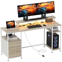 Scrivania per computer, con luci LED regolabili, 2 prese, porte USB, cassetti e ripiani 155,5x48x88,5cm Legno naturale