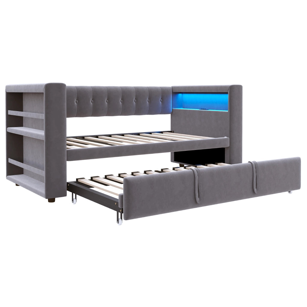 Divano letto multifunzionale 90/180x190 cm con LED, presa integrata e contenitori