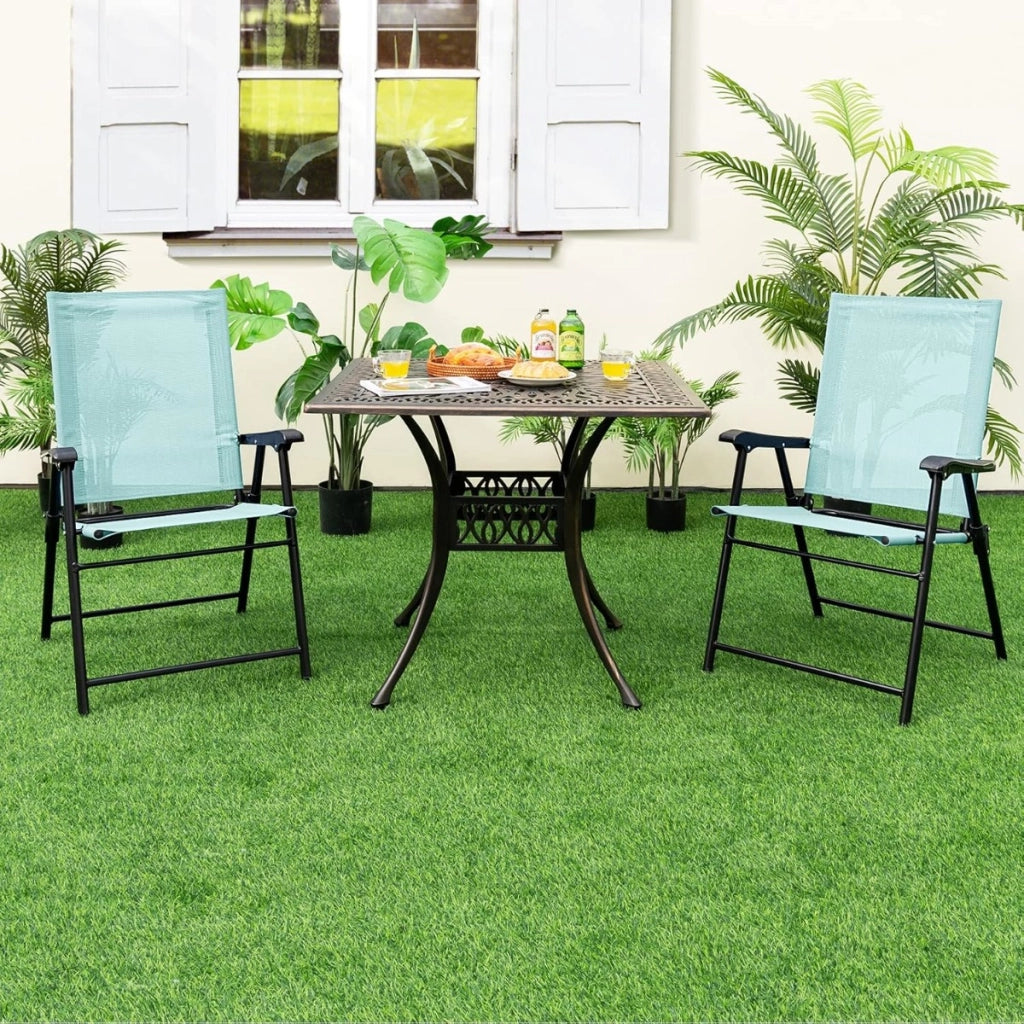 Set di 4 sedie pieghevoli da giardino con braccioli e struttura in metallo, Sedie portatili da esterno Verde
