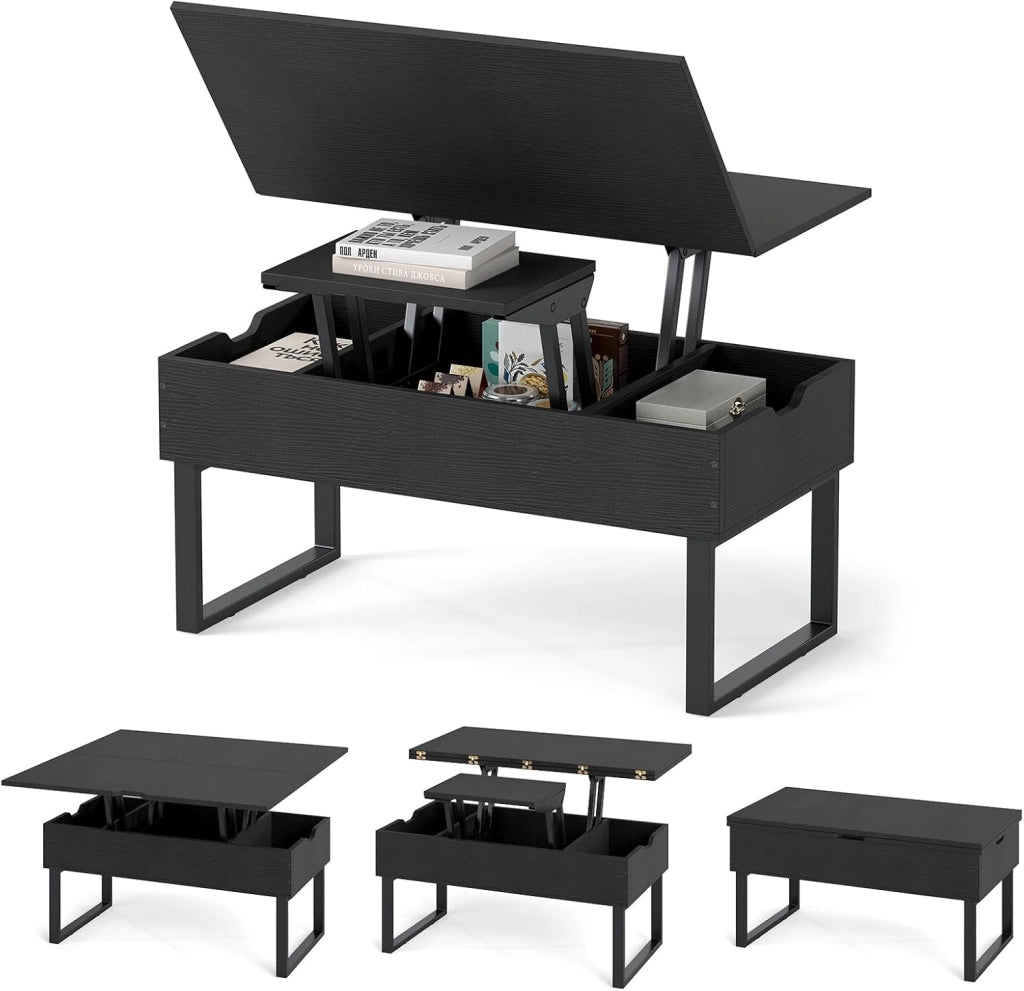Tavolino da Caffè 3 in 1 con Piano Sollevabile, Tavolo Ausiliario Estensibile con Scomparti Nascosti, Gambe in Metallo, Tavolino Multifunzionale in Legno per Soggiorno e Sala da Pranzo (Bianco)