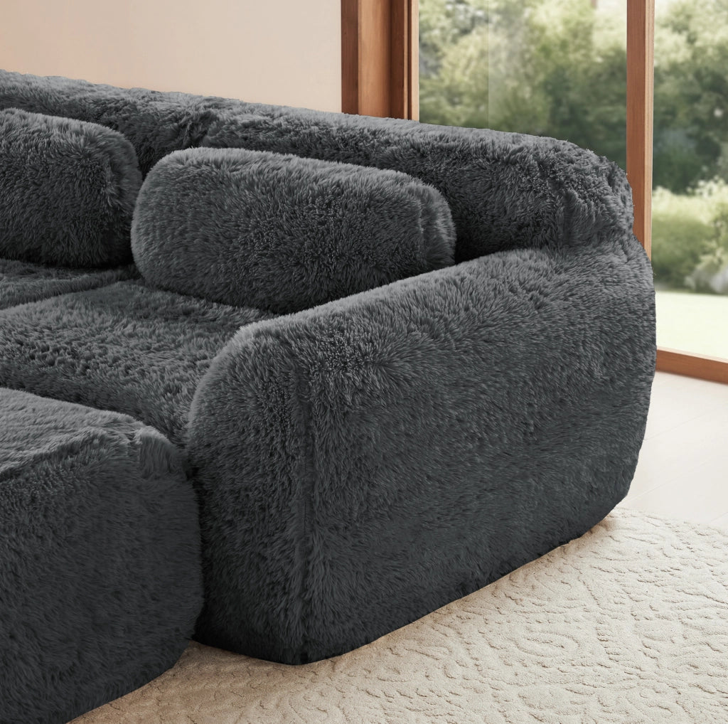 Divano 2 posti in tessuto plush grigio, design modulare senza telaio, con cuscini e base antiscivolo