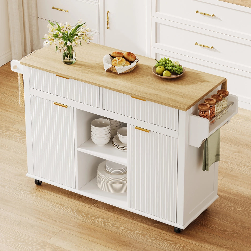 Isola da cucina su ruote 143 x 45 (69) cm con piano ribaltabile, 2 cassetti, 2 ante e vano porta spezie