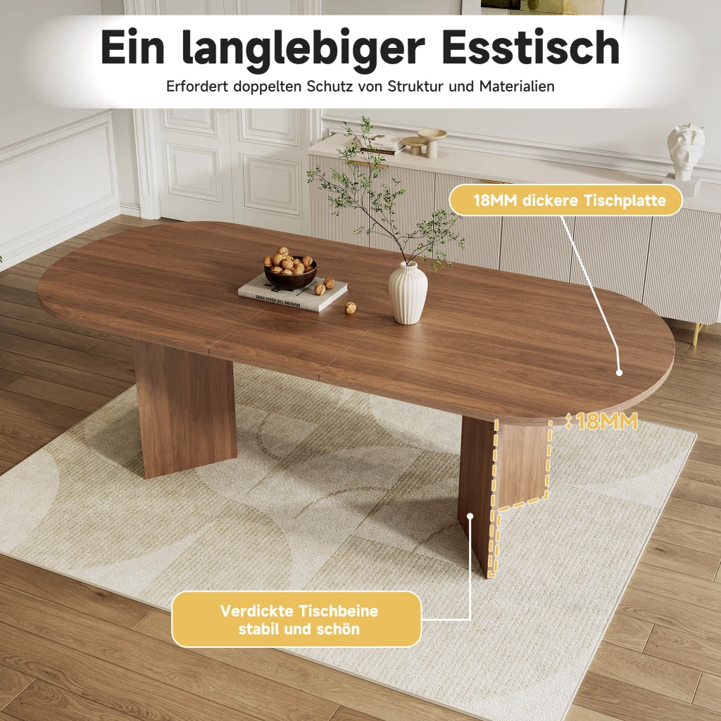 Tavolo allungabile con piano spesso 18 mm e angoli arrotondati, struttura stabile per sala da pranzo, in MDF, noce