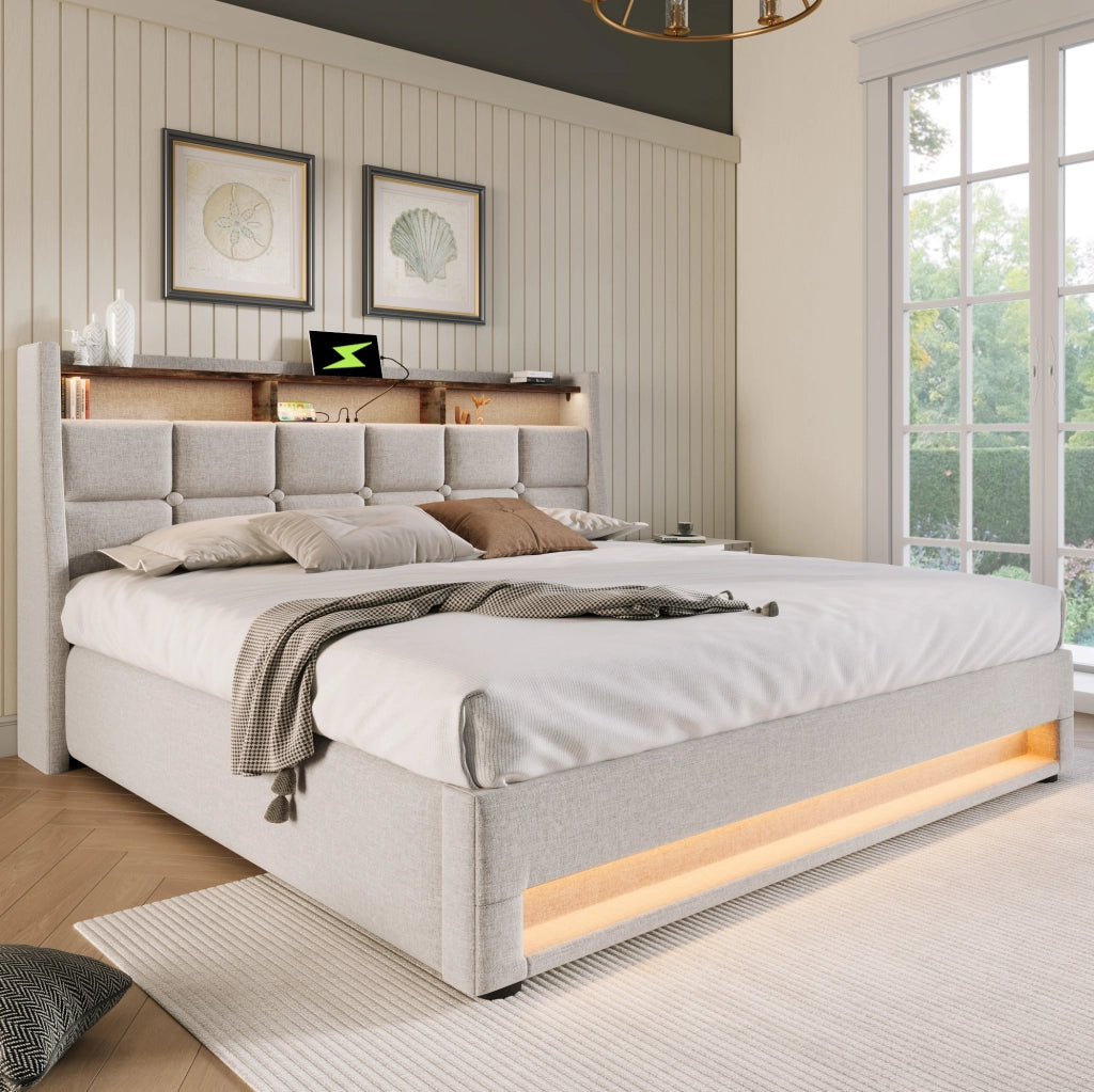 Letto imbottito beige chiaro 160 x 200 cm con LED, USB e contenitore