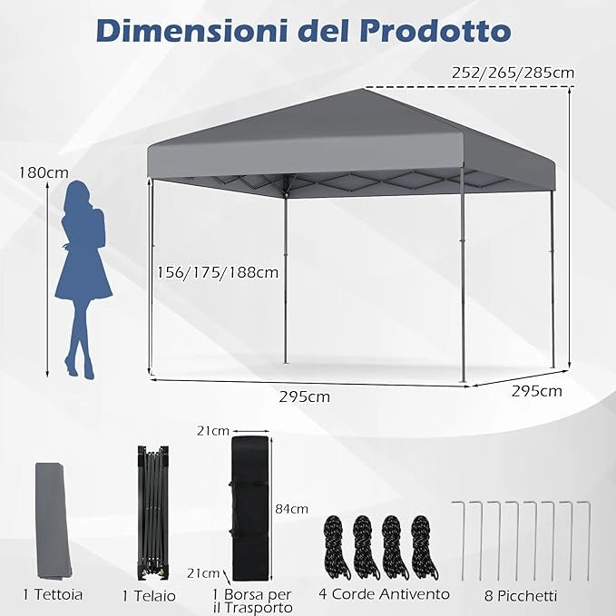 Gazebo Pop-up da Esterno 295 x 295 cm, Gazebo Pieghevole con Borsa da Trasporto, 8 Picchetti, 4 Corde Antivento, 3 Altezze Regolabili, Ideale per Feste, Barbecue, Giardino, Spiaggia (Grigio)