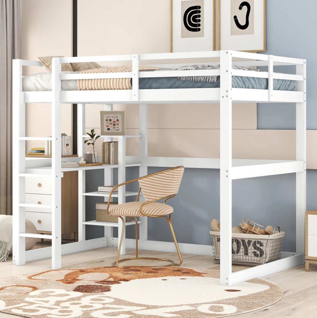 Letto a soppalco 140x200 cm con scrivania e 4 vani portaoggetti in pino bianco antico