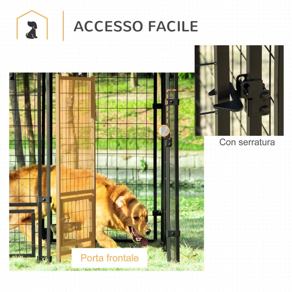 Recinto per Cani da Esterno, Box per Animali in Acciaio con Serratura, 2 Ciotole Girevoli e Copertura in Tessuto Oxford, Kennel Nero e Rosso