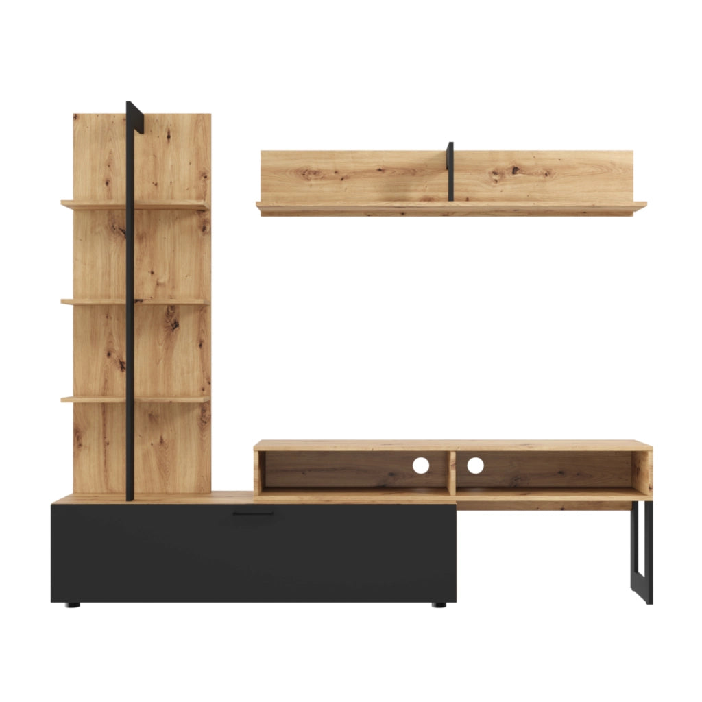 Mobili  soggiorno MOLDE - Scaffale in Set - Quercia Wotan - Nero - Larghezza 251 cm, Altezza 174 cm, Profondit? 37 cm