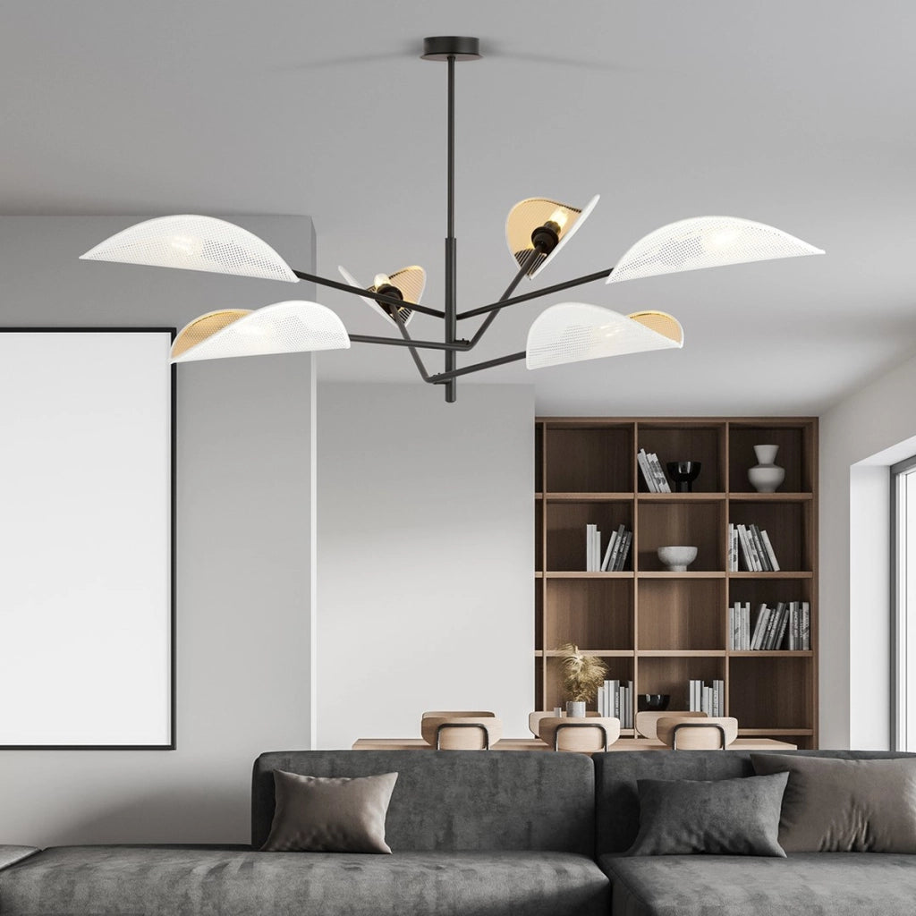 Lampada a sospensione VENE in acciaio nero con paralumi bianco e oro