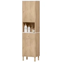 Colonna Bagno con Cassetto, 2 Armadietti e Ripiani Regolabili, Ripiano Effetto Marmo, 41.5x30x168 cm, Rovere