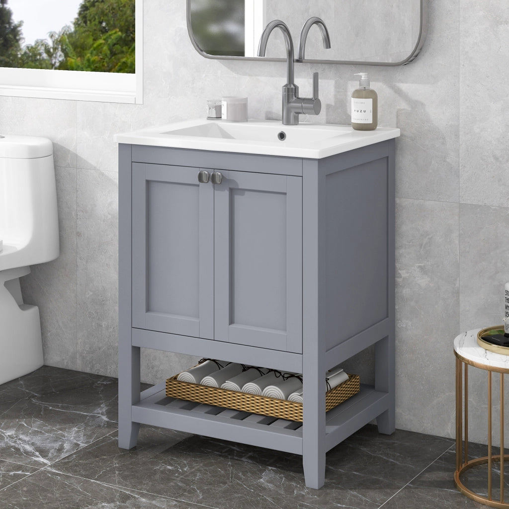Mobile bagno da terra con lavabo in ceramica; legno massello e MDF; grigio e bianco
