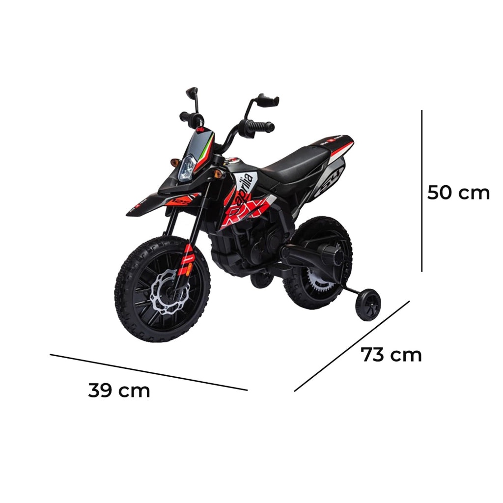 Moto Elettrica per Bambini Aprilia RX-125 Small 12V Cross Sedili In Pelle Luci Led Bluetooth Sospensioni a Molla Rosso