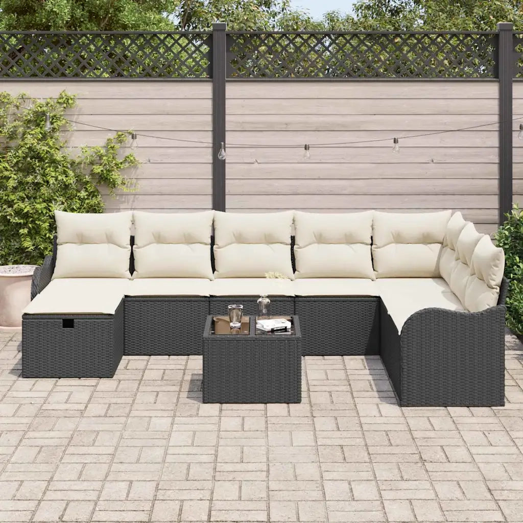 Set Divano da Giardino con cuscino 9 pcs Nero Poly Rattan