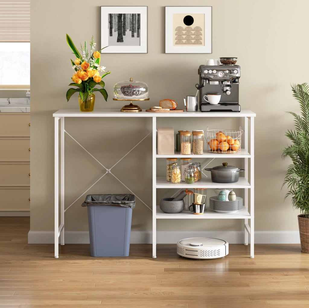 Tavolo organizer bianco MDF e metallo; ripiani configurabili